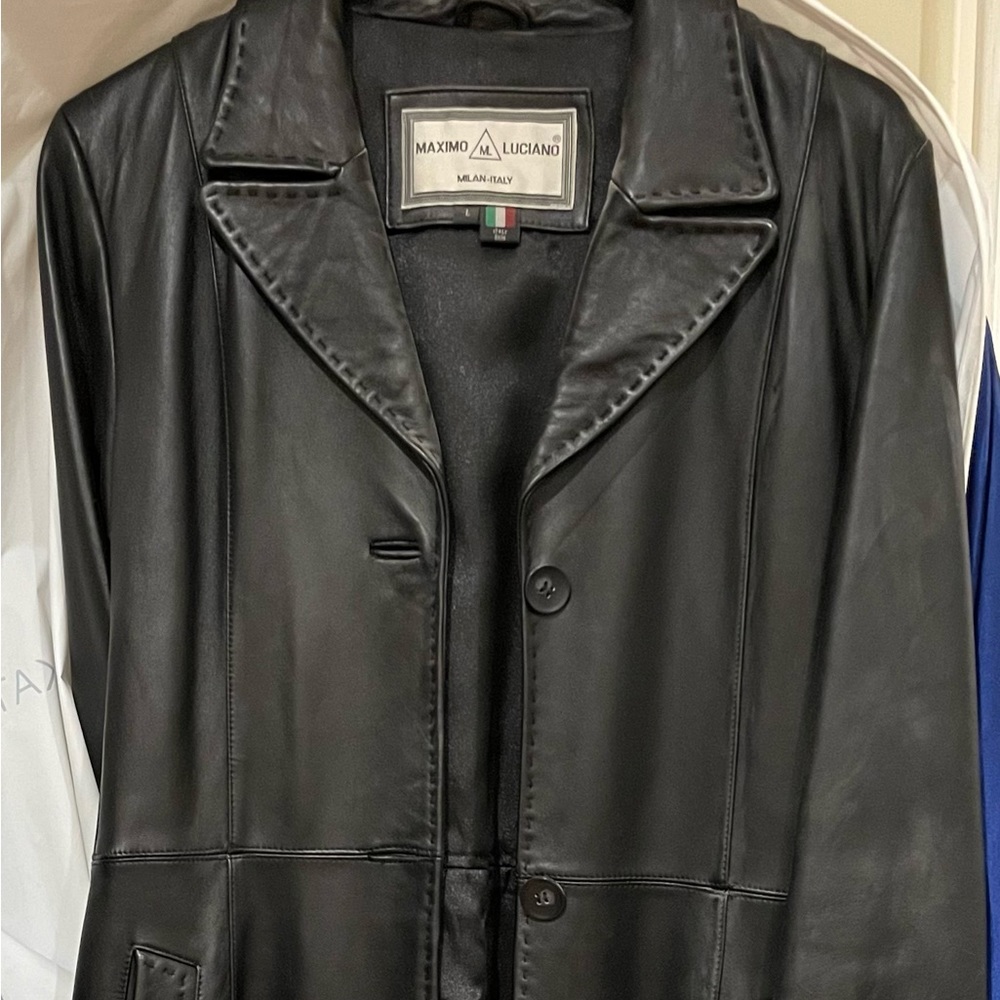Maximo Luciano black leather trench coat